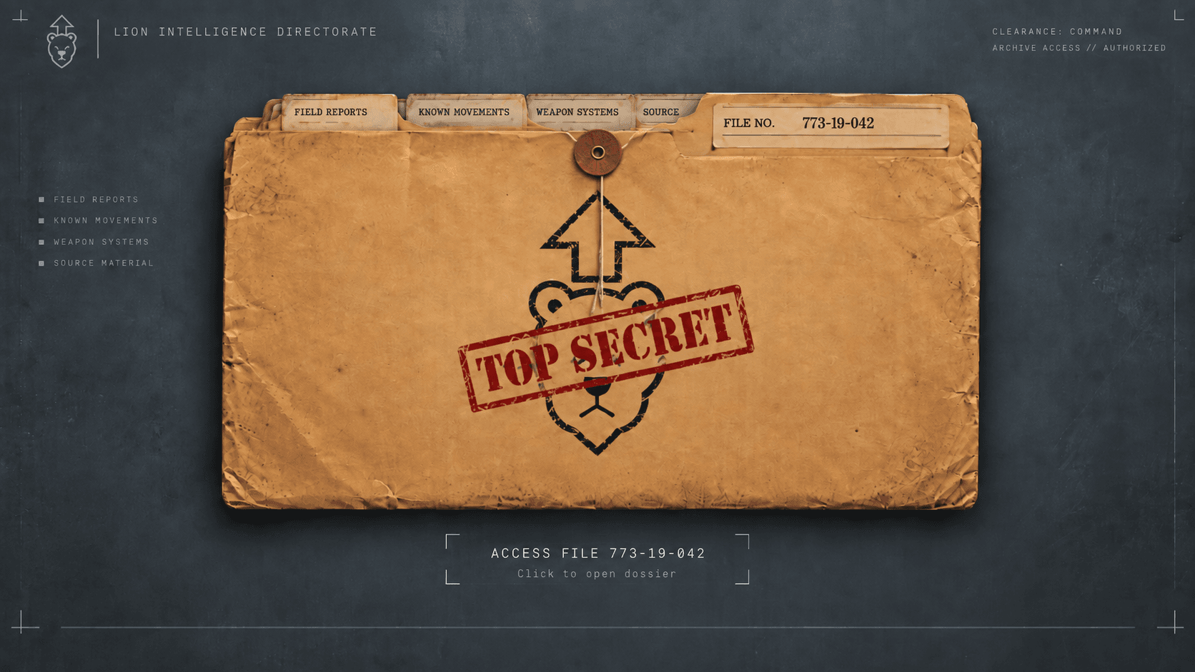 Weathered manila dossier bearing the Lion Up insignia and a red TOP SECRET stamp. File 773-19-042.