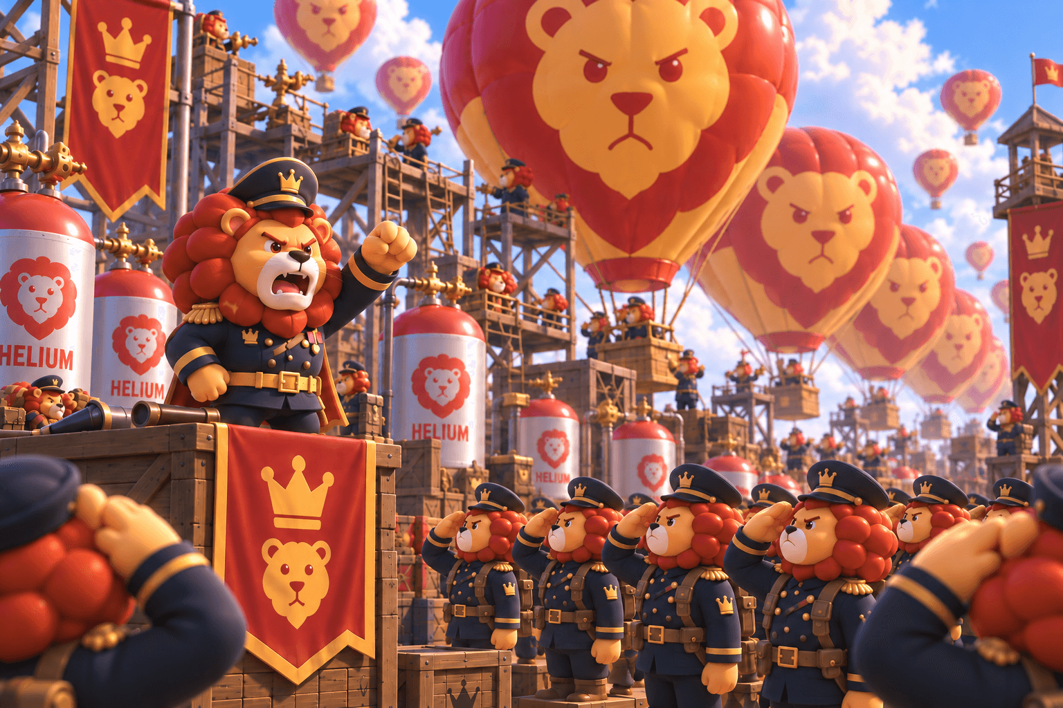 A lion commander rallies navy-uniformed soldiers at a red-and-gold balloon launch base