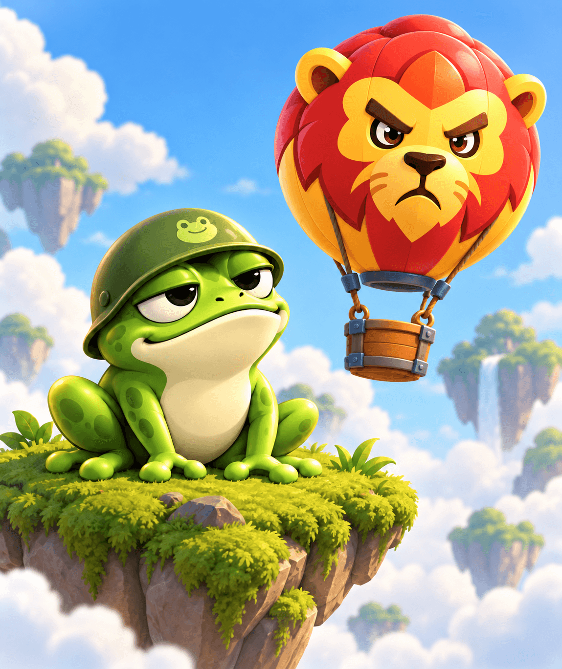 A green frog soldier sits on a grassy floating island beside a red and gold lion balloon