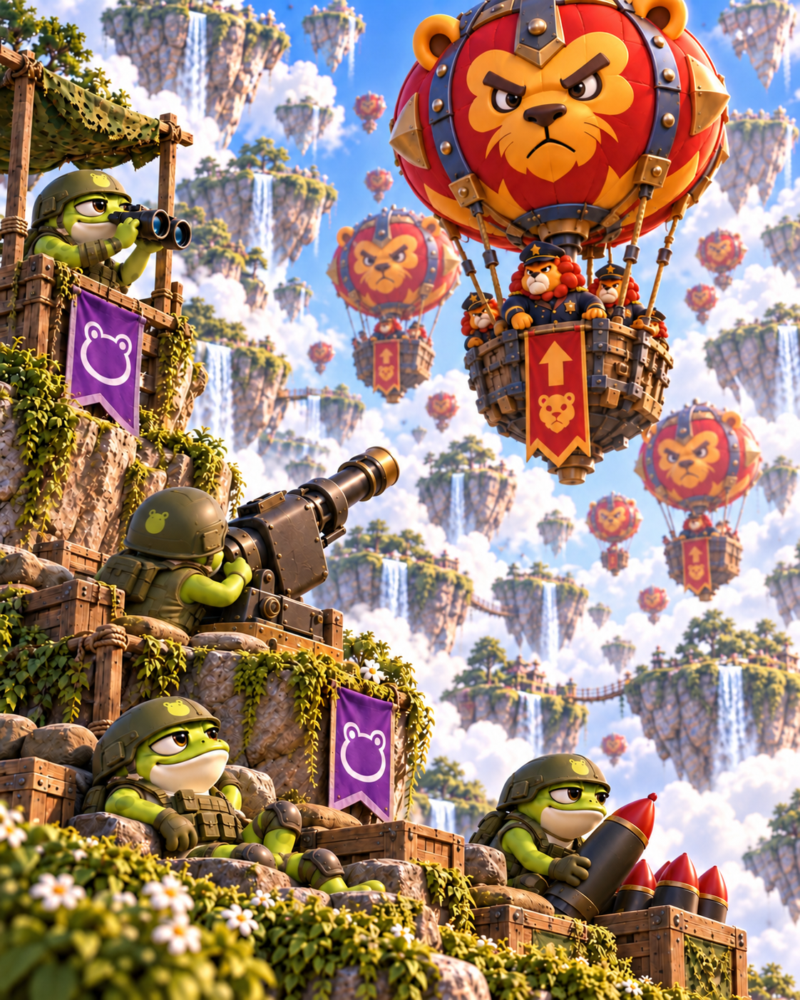 Frog soldiers defend floating islands with cannons as red and gold lion balloons approach