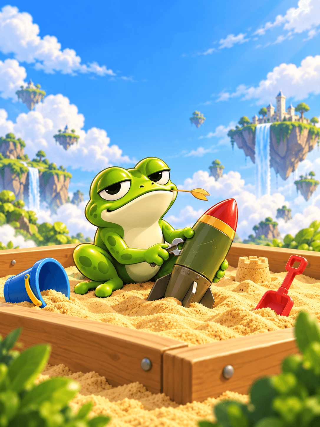 A relaxed frog tinkers with a rocket in a wooden sandbox beneath floating sky islands